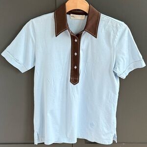 Tory Burch Baby Blue Pique Cotton Polo with Brown Collar & stitching Accents • S